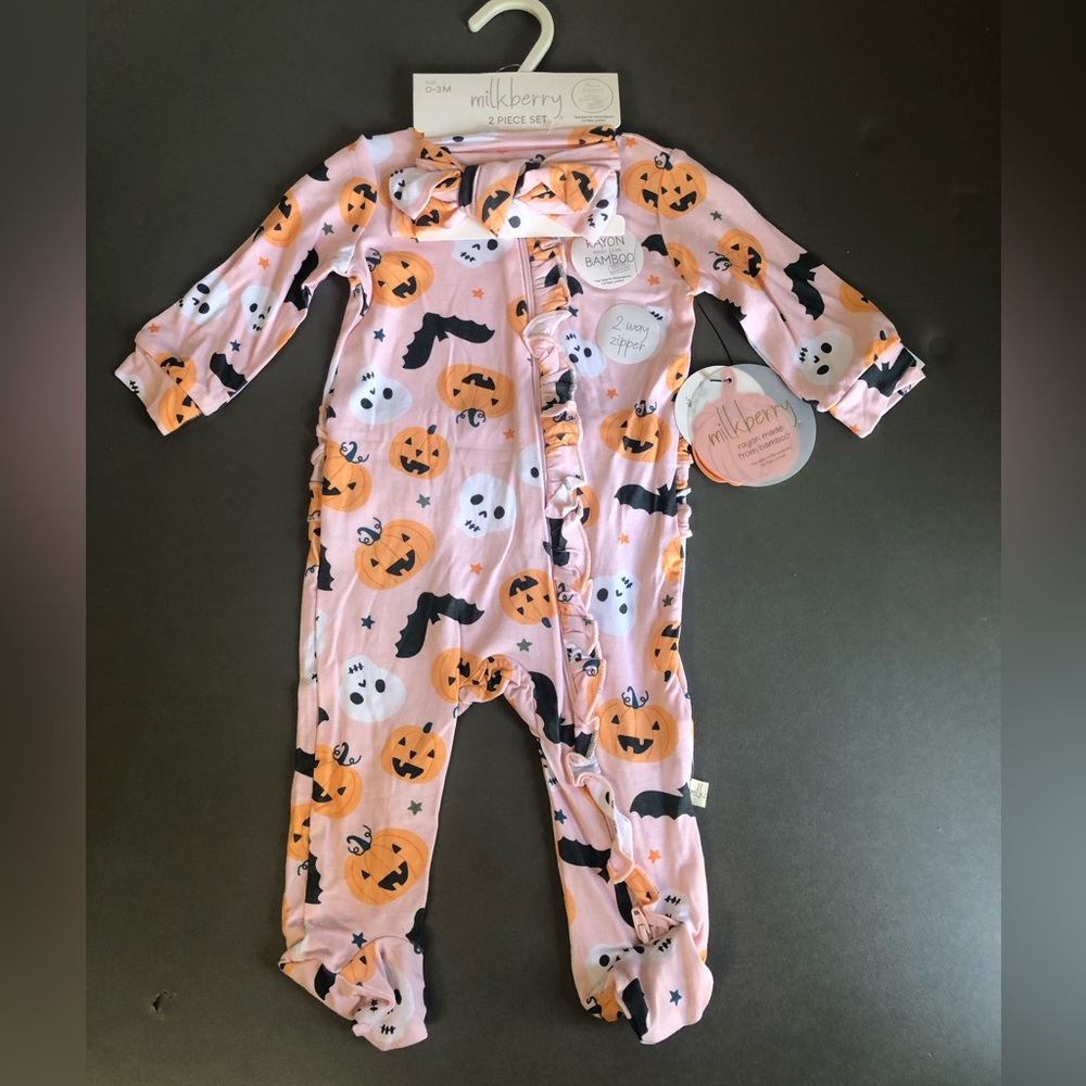 Milkberry Pink Halloween Girls Onesie w/ Bow Headband NWT 0-3
